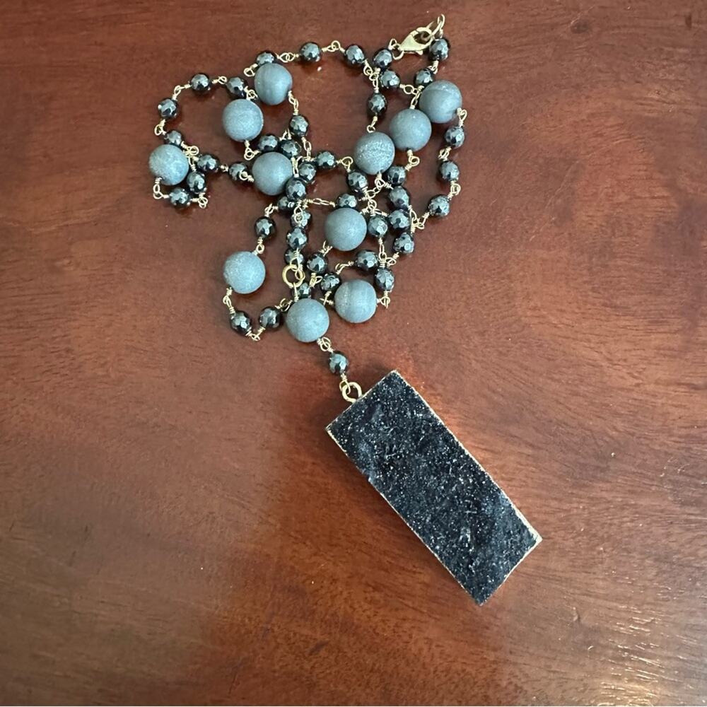14k Gold Plating Sterling Silver Druzy Hematite pendant necklace